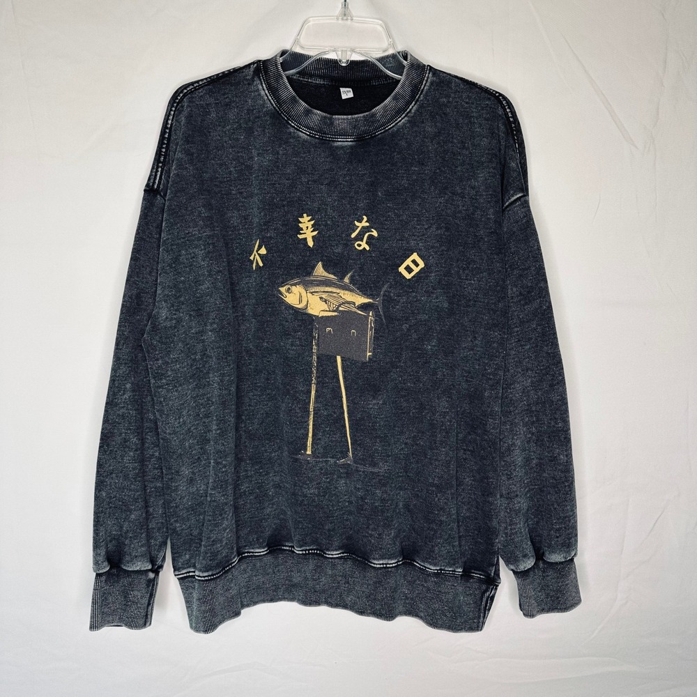 Mens Acid Unlucky Fish Sweatshirt Japanese Kanji Tuna Fish Briefcase Black L